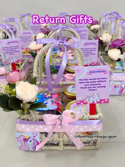 A full display of the unicorn-themed return gifts, showing how I can create a magical set of favors for any party.