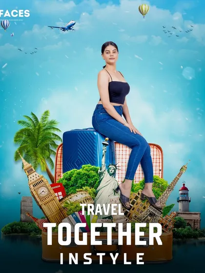 A creative graphic featuring a model sitting on a trolley bag that opens up to reveal famous world landmarks. This composite image is an example of our creative advertising solutions for travel and accessory brands.