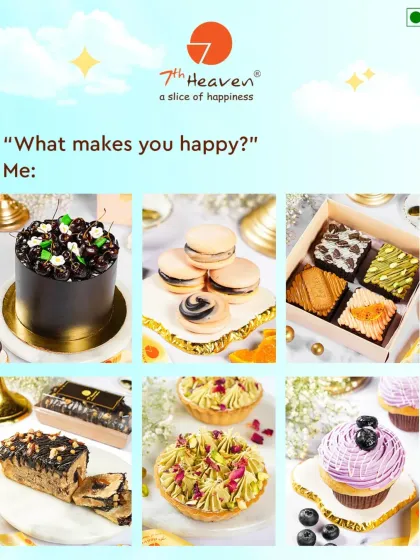 A grid of our most beautiful desserts answering the question, "What makes you happy?" It features cakes, macarons, brownies, tarts, and cupcakes.