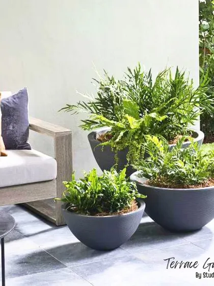 Modern planters can define a space. For this terrace seating area, we used a trio of contemporary bowl planters filled with ferns to soften the look and add a touch of nature next to the outdoor sofa.