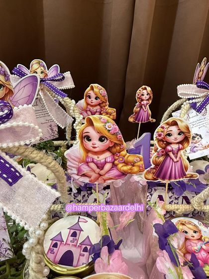 A close-up of our Rapunzel-themed first birthday hampers, featuring a beautiful lavender and purple color scheme.