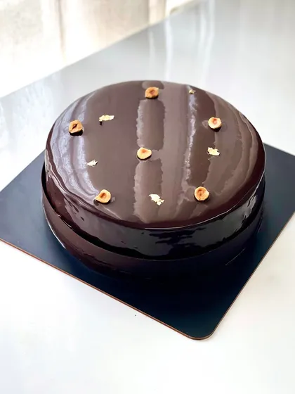 Another view of the beautiful dark chocolate and hazelnut entremet.