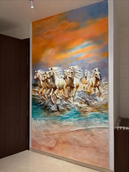 This wide shot shows the scale of the 7 Horses mural. It's designed to fill the wall and create an immersive, energetic atmosphere in the room.