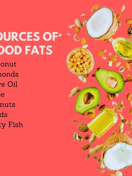 Here are some excellent sources of good fats that you should include in your diet: coconut, almonds, olive oil, ghee, peanuts, seeds, and fatty fish.