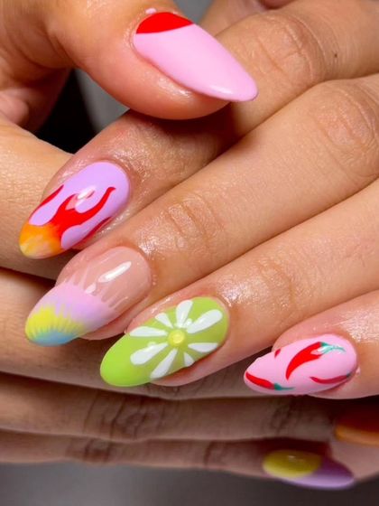 A full view of the fun and fiery mismatched set, showcasing a variety of hand-painted pop art designs.