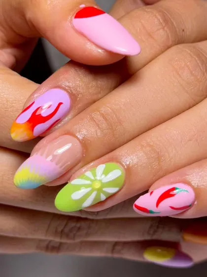 A full view of the fun and fiery mismatched set, showcasing a variety of hand-painted pop art designs.
