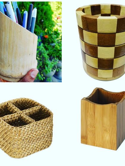This collage showcases our range of sustainable desk accessories. It includes pen and utility holders made from raw bamboo, checkered bamboo, and woven cane, offering stylish and eco-friendly ways to organize your workspace.