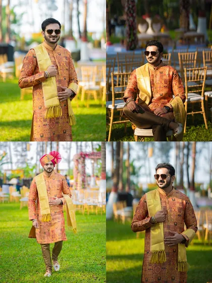 A collection of stylish portraits of the groom in his orange and gold wedding sherwani, captured in a beautiful outdoor setting.