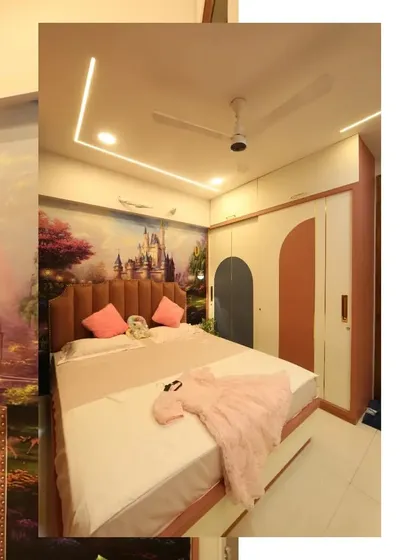 A wider view of the princess bed, showcasing the magical castle mural that extends across the wall, complete with a rainbow. It's a perfect setting for bedtime stories.