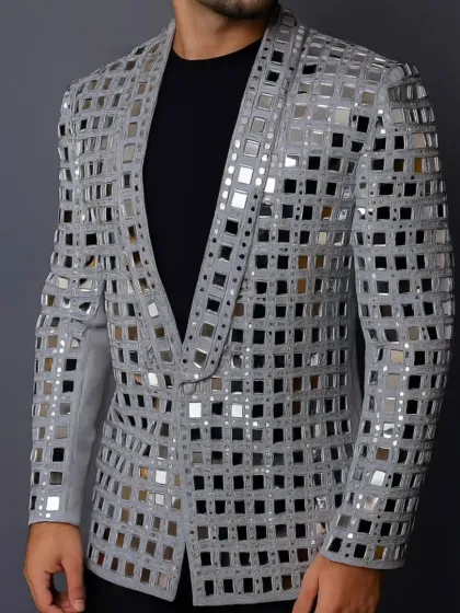For the ultimate statement, this grey jacket is covered in a grid of real mirrors, designed to catch and reflect light from every angle.