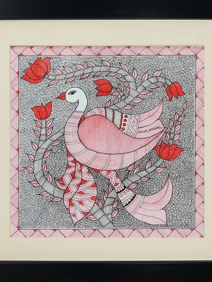 Another beautiful Madhubani bird painting, this time surrounded by red flowers, showcasing a different color composition.