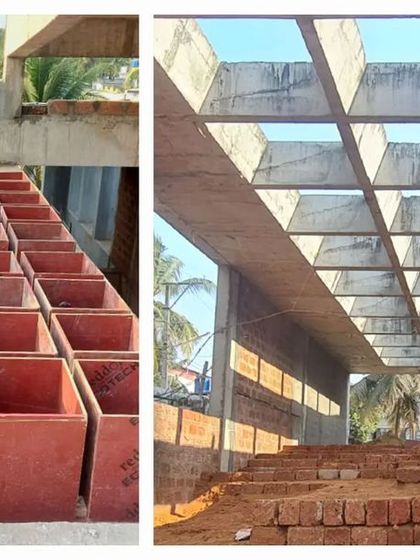 On the left, custom red-oxide-colored concrete blocks for a coffered slab. On the right, the finished slab in-situ at our Surathkal villa project, creating a powerful geometric ceiling that plays with light and shadow.