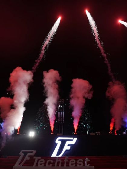 The stage setup with pyrotechnics ready to go. As a concert anchor, I get to be at the center of this incredible production.