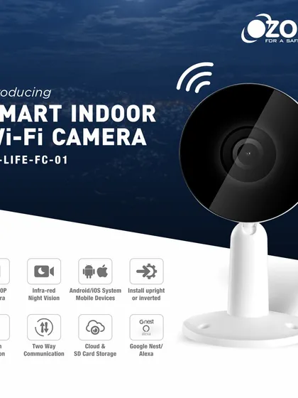 Meet the OZ-LIFE-FC-01, our smart indoor Wi-Fi camera. This product features a 1080p FHD IP camera, infrared night vision, two-way communication, and motion detection, all manageable through your mobile device for complete home monitoring.