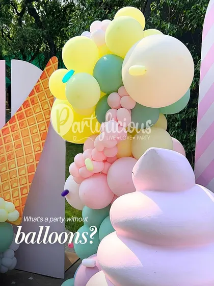 What's a party without balloons? We believe you can have all the fun and still be mindful. This image from our ice cream theme party showcases our beautiful, high-quality, and eco-friendly balloons.