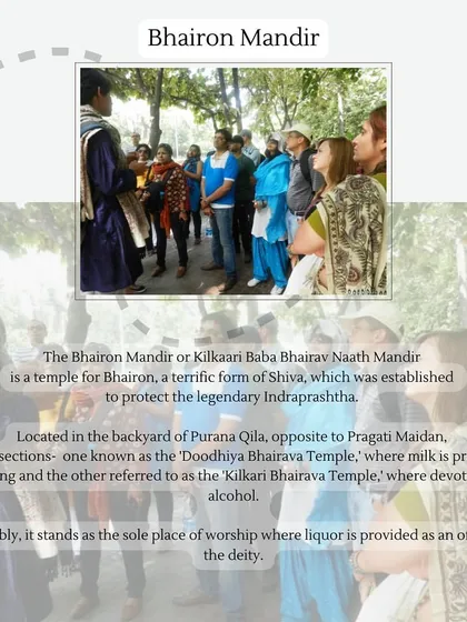 A group listens to stories at the Bhairon Mandir near Purana Qila. This ancient temple, where devotees uniquely offer alcohol to the deity, is believed to have been established to protect the legendary city of Indraprastha.