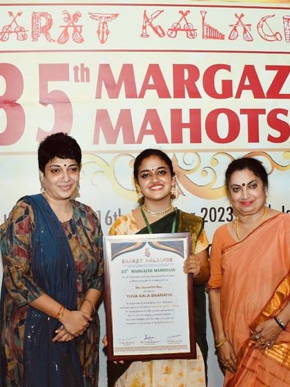 I was elated to be awarded the prestigious 'YUVA KALA BHARATHI' title from Bharat Kalachar during their 35th Margazhi Mahotsav. It is a huge honor and encouragement.