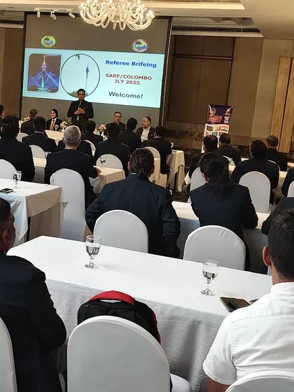A wide shot of the referee briefing session I inaugurated in Colombo. These events are essential for maintaining the integrity of the sport.
