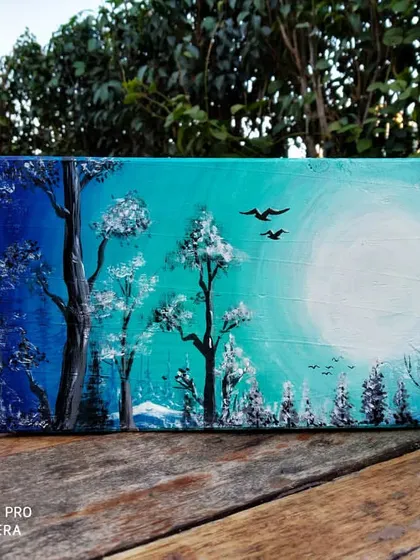 A landscape painting I did using acrylics on a wooden sheet. I love how the texture of the wood adds to the feel of the forest scene. This piece captures a peaceful moonlight view with birds in the sky.