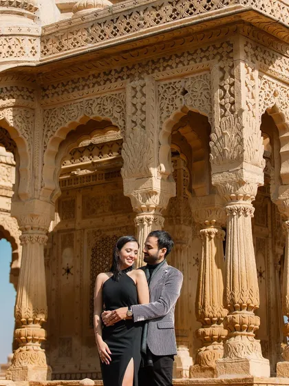 A powerful and loving embrace in front of a magnificent, hand-carved Jaisalmer monument. This shot highlights both the grandeur of the location and the strength of the couple's bond.
