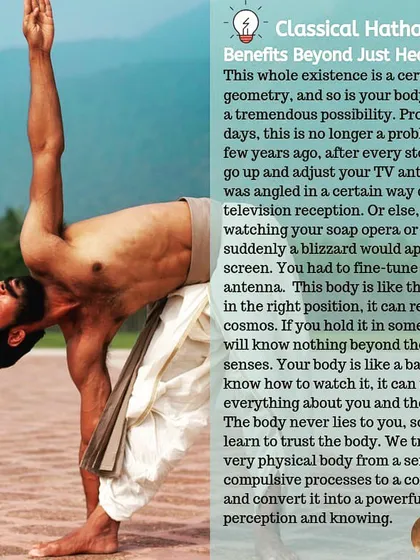 Classical Hatha Yoga is more than just physical exercise; it is a way to align your body's geometry with the cosmic geometry. This image, featuring the Trikonasana posture, explains how the body can be transformed into a powerful instrument of perception, moving from compulsion to consciousness.