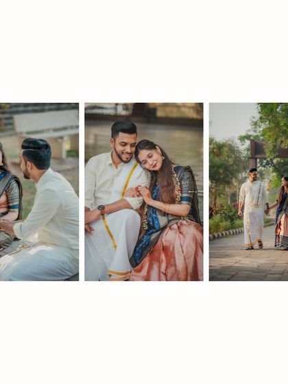 A collage from a "2 States" pre-wedding shoot, blending South Indian and other cultural elements. It showcases the couple in traditional attire, sharing romantic moments in a park setting.