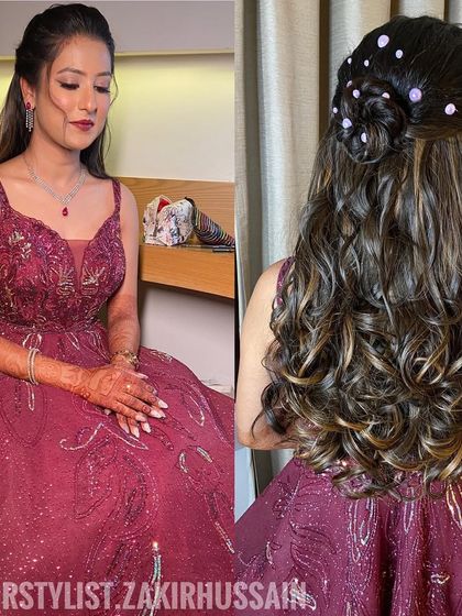 A collage of a half-up style with a small bun and cascading curls, adorned with pearl and purple accessories.