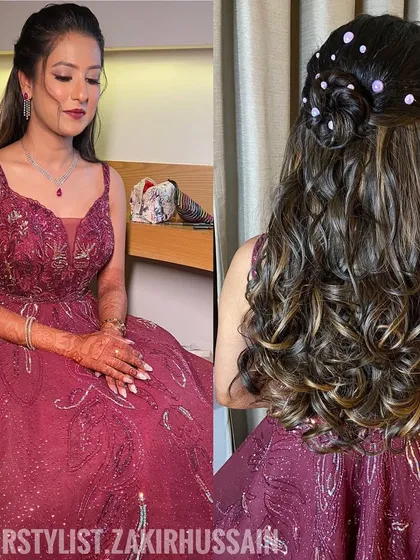 A collage of a half-up style with a small bun and cascading curls, adorned with pearl and purple accessories.