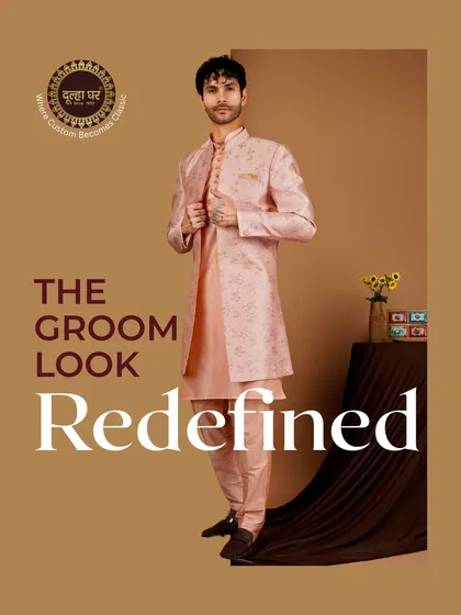 The groom look, redefined. A model in a pink floral Indo-Western sherwani, offering a soft yet stylish option for wedding celebrations.