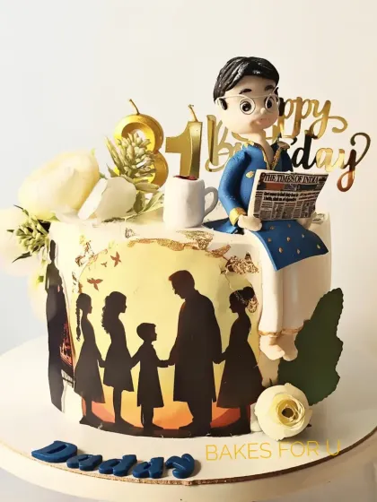 A touching cake for an 81st birthday, featuring a silhouette of a family and a handcrafted fondant figure of the grandfather reading his newspaper.