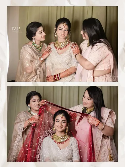 A heartwarming moment between the bride and her sisters. They help her with her veil, sharing smiles and love just before the ceremony begins.