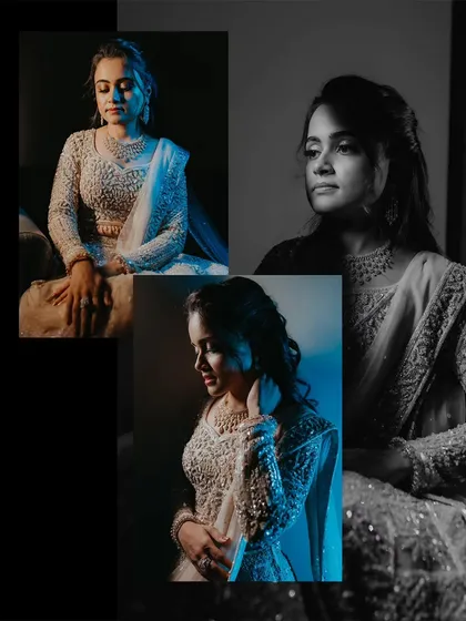 A collage of artistic bridal portraits, using a mix of color, black and white, and dramatic blue lighting to create different moods.