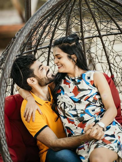 A playful and fun pre-wedding shot. The makeup is fresh and minimal, perfect for a casual and joyful theme.