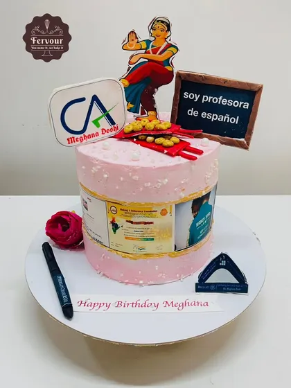 A highly personalized cake for a Chartered Accountant and Spanish professor. This cake highlights her professional life and achievements with custom toppers and edible certificates.