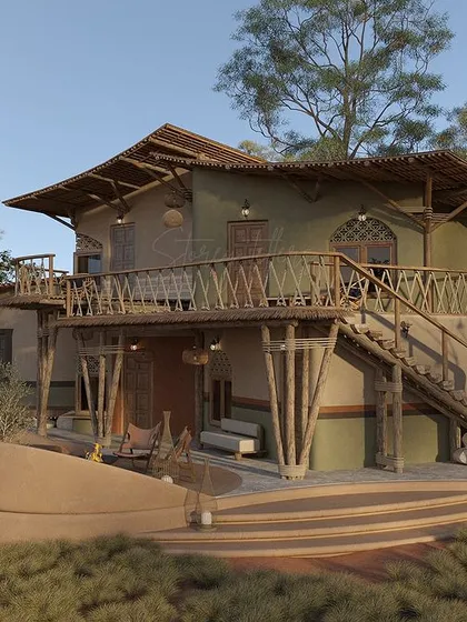 This wide shot showcases the resort's main building, with its elevated wooden deck and organic, flowing lines. The architecture is intentionally low-impact, designed to sit humbly within the surrounding trees and grassy fields, creating a harmonious hospitality experience.