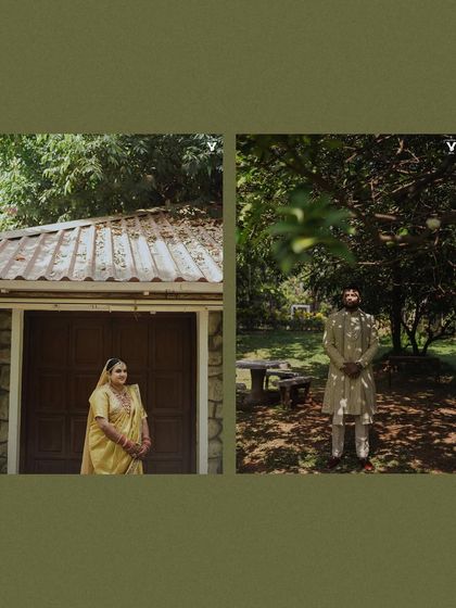 A collage showing portraits of the bride and groom in a serene, natural setting. The play of light and shadow through the trees adds a beautiful, artistic touch to their individual shots.