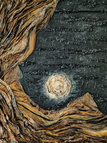 "THE MOONLIGHT," from my WABI SABI series. This 3x3 feet mixed media piece on wood uses fabric and texture to create a dramatic scene of the moon shining through a dark, textured landscape.