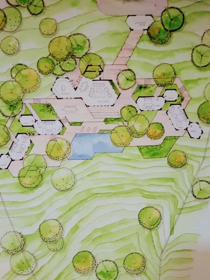 A hand-rendered masterplan for a residential bungalow on a contoured site near Pavna lake. This drawing illustrates my approach to site-responsive design, carefully integrating the hexagonal building footprint with the existing trees and sloping terrain.