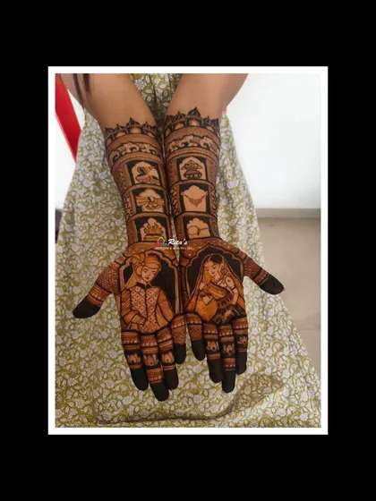 The full view of the wedding-themed mehendi, showcasing the bride and groom portraits and the detailed story elements on the arms.