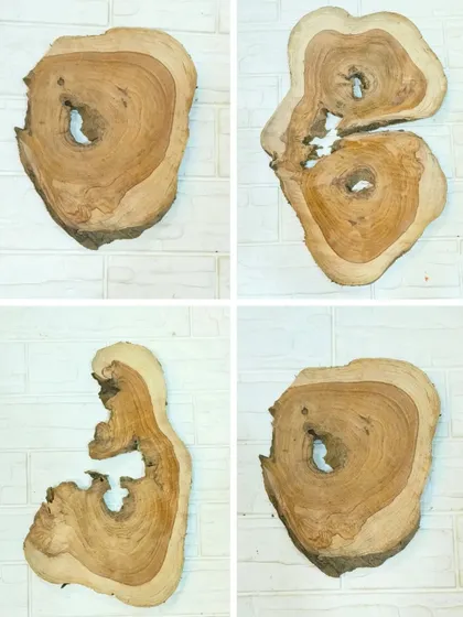 We stock raw sagwan wood slices, each with its own unique shape and grain. These natural wood pieces are perfect for creating rustic resin river tables, clocks, or wall art.