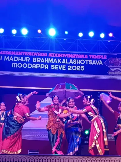 A theatrical moment from our performance at the Madhur Madaneshwara festival, complete with props like an umbrella. We use various elements to make our storytelling vivid and engaging.