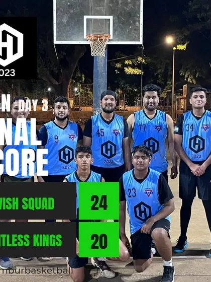 The final score from a men's game on Day 3 of Hooplah 2023.