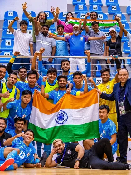 A historic moment. The Indian Futsal Team celebrating their first-ever international victory against Mongolia.