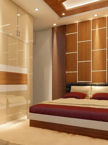 A duplicate of 129, providing a complete look at the bedroom's accent wall, bed, and sliding wardrobe.
