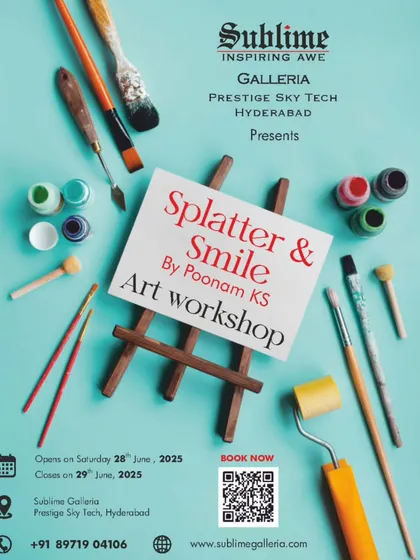 This is an announcement for our "Splatter & Smile" art workshop in Hyderabad. We regularly post details for upcoming events, including dates, venue, and how to book your spot for a session.