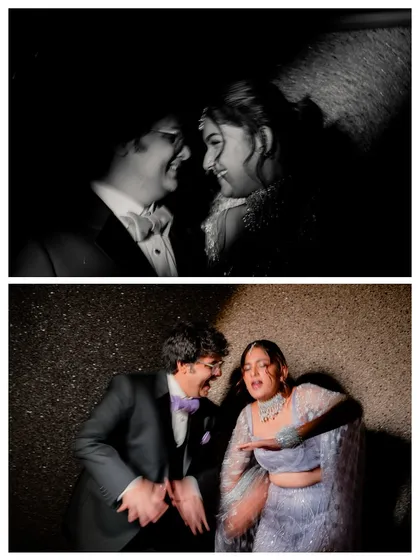 A collage of fun, high-contrast, and candid shots of the couple dancing and enjoying their Sangeet night.