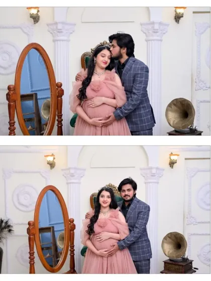 Two beautiful couple's portraits from a royal-themed session. The partner's gentle kiss and the shared embrace are moments of pure love, perfectly framed by the vintage mirror and gramophone.