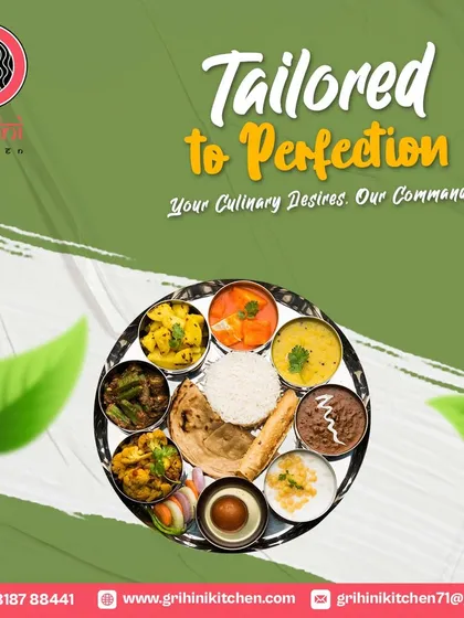 My food is tailored to perfection to meet your culinary desires. This thali offers a complete meal with a starter, main courses, bread, rice, and dessert.
