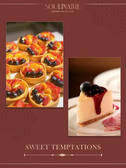 A collage of sweet temptations, featuring vibrant fresh fruit tarts and a perfect slice of blueberry cheesecake. A delightful end to any meal.