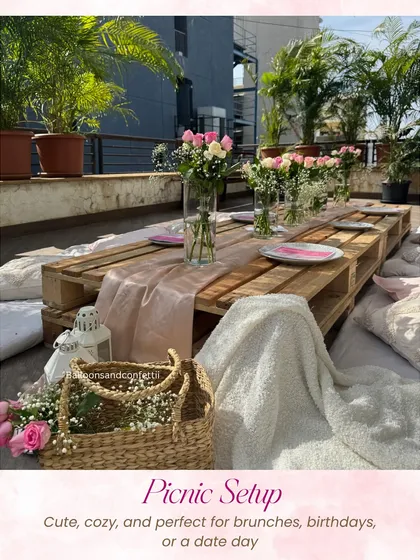 I create cozy and intimate celebrations too, like this dreamy picnic setup on a sunlit terrace. Using low wooden pallet tables, plush cushions, and fresh pink roses, I designed a relaxed yet beautiful space perfect for a birthday brunch or a special date day.